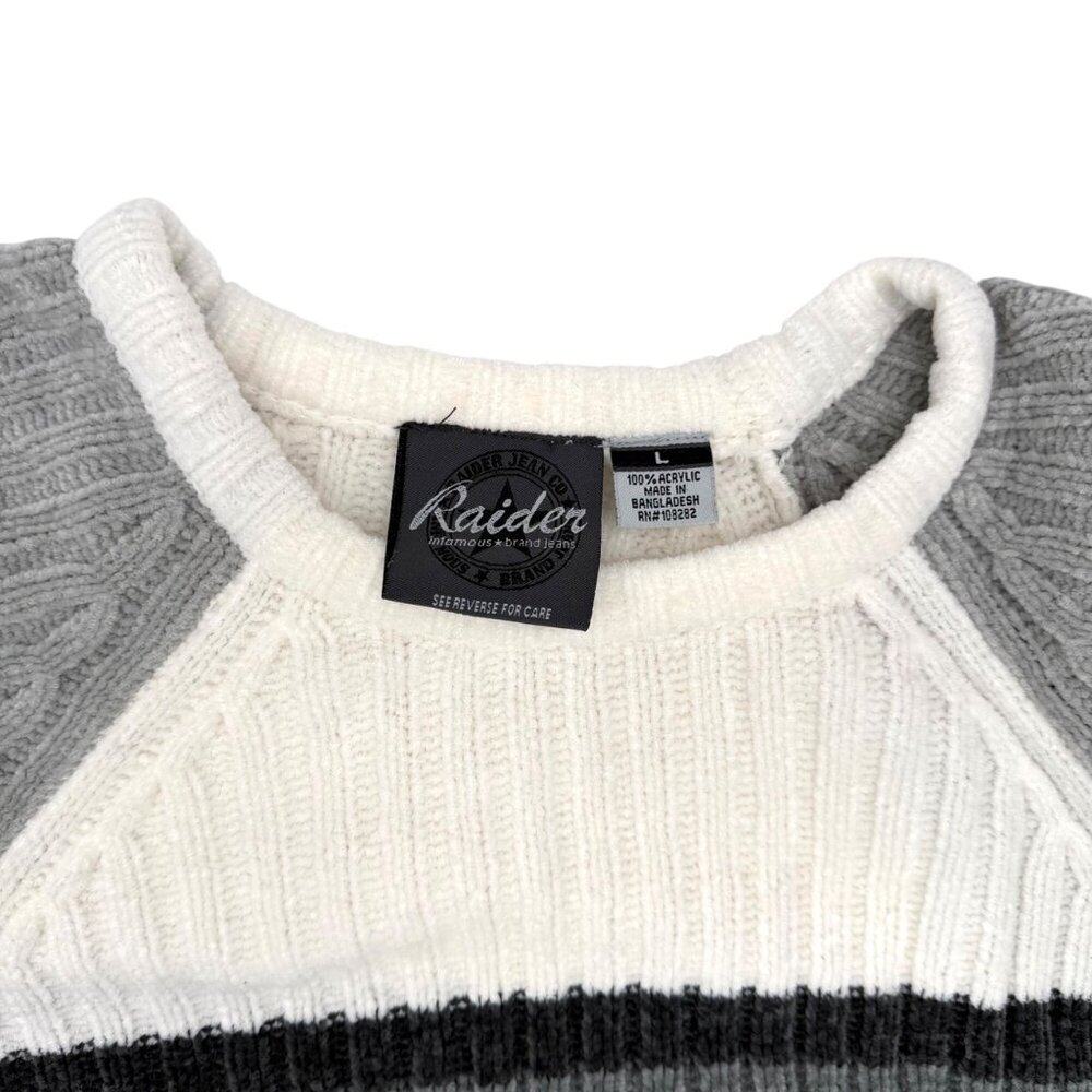 RAIDER INFAMOUS BRAND JEANS MEN'S RIBBED KNIT CHENILLE GRAY STRIPED SWEATER - L - Picture 4 of 5